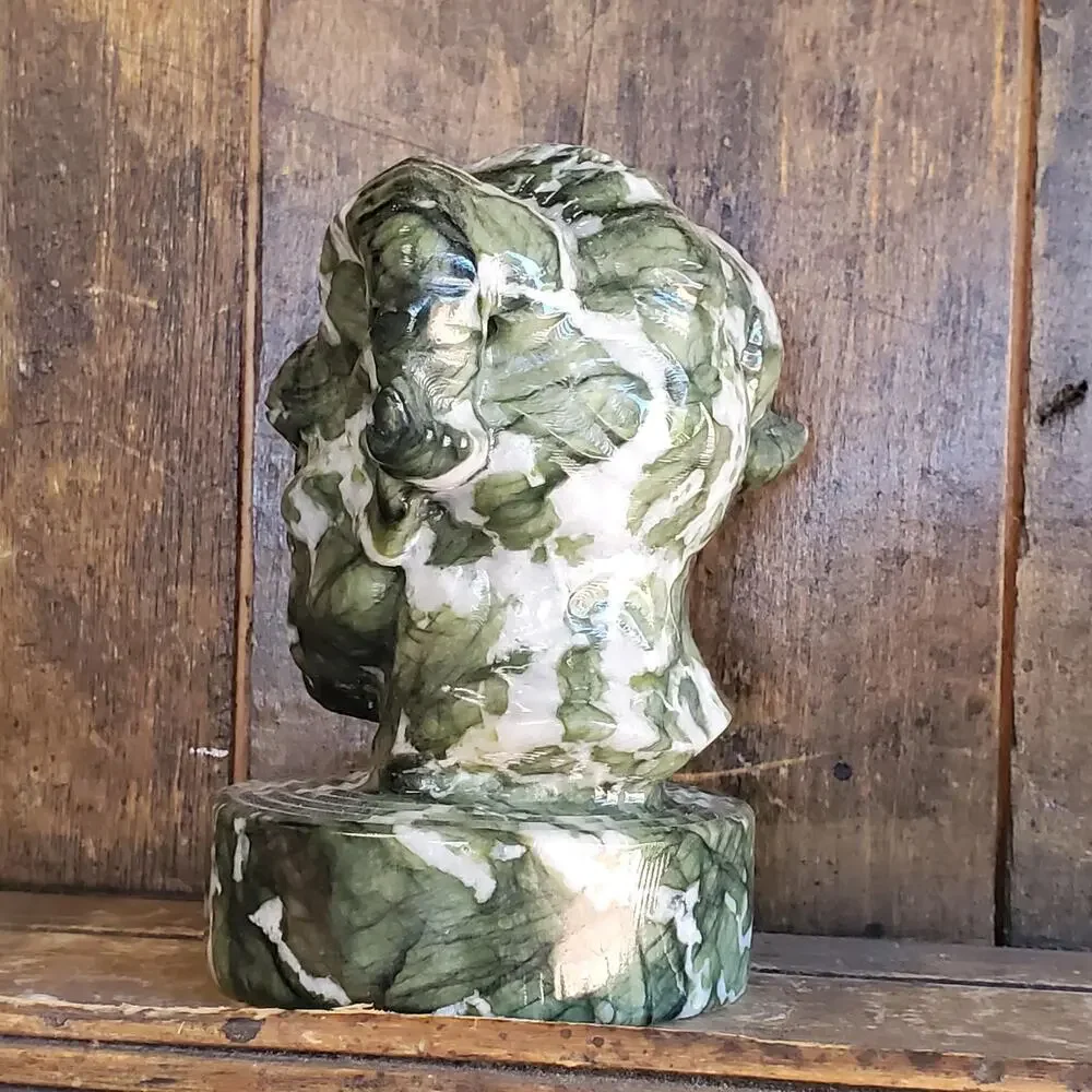 Velnias Horned Bust Serpentine Jade Demon Head Bust Crystal Skull 1740 grams